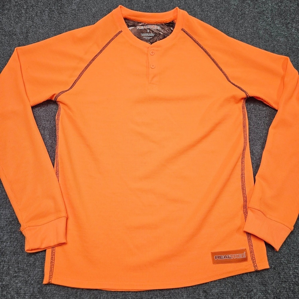 Realtree Henley Shirt Mens Small Blaze Orange Waffle Knit Long Sleeve Hunting